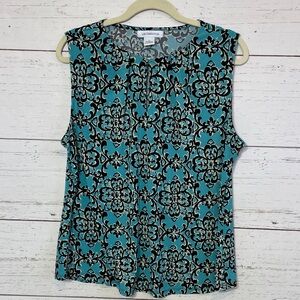 Liz Claiborne Sleeveless Blouse in Teal/Black/White  with Keyhole Opening, sz XL